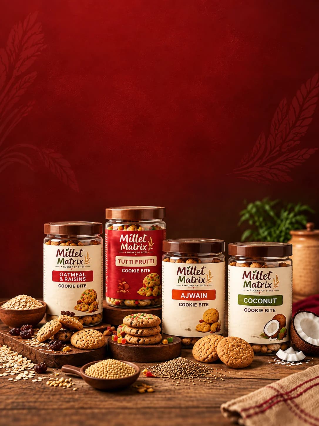 Illustrative Millet Matrix campaign with four Cookie Bites jars; generated packaging preview, pending final product photography